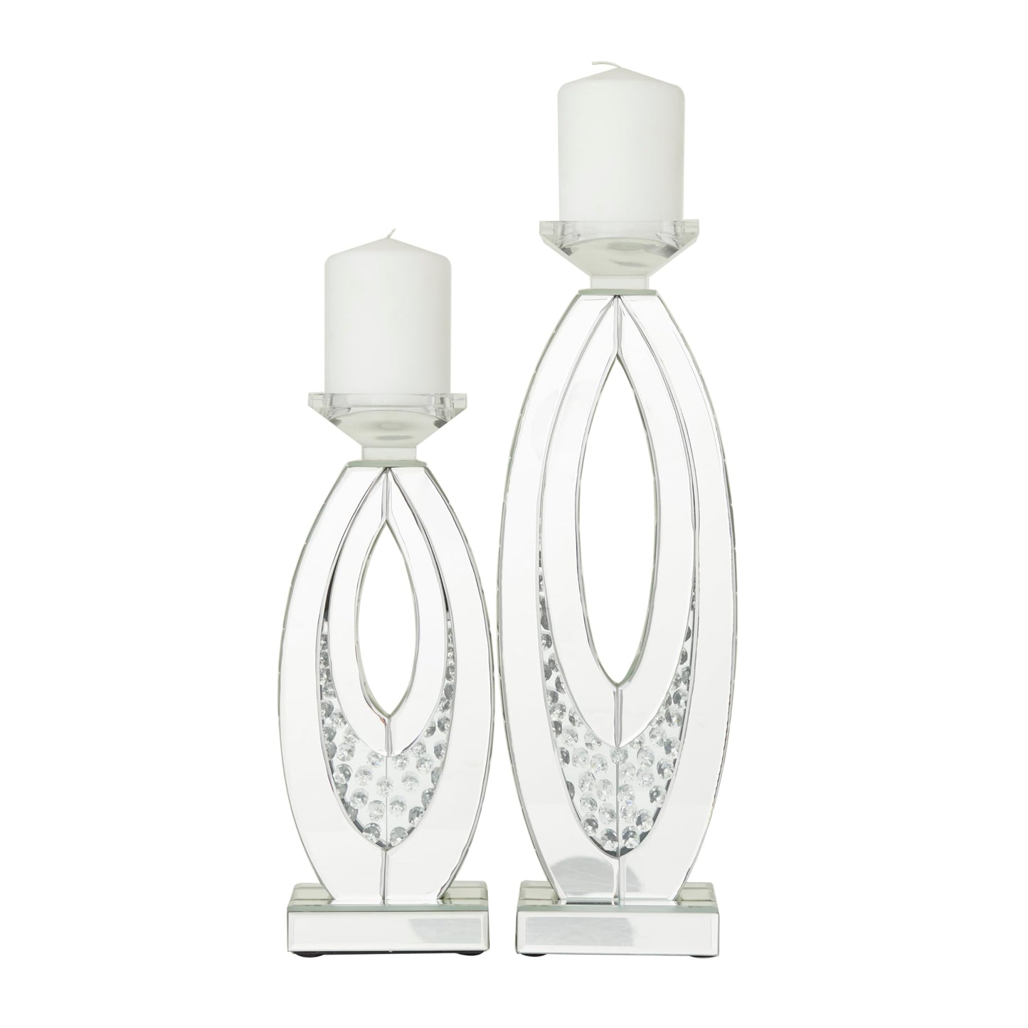 Deco 79 Glass Decorative Candle Holder Pillar Candle Stand with Mirrored Accents and Crystals, Set of 2 Candlestick Holder 17", 13" H, Silver