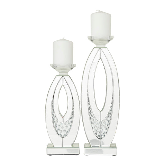 Deco 79 Glass Decorative Candle Holder Pillar Candle Stand with Mirrored Accents and Crystals, Set of 2 Candlestick Holder 17", 13" H, Silver