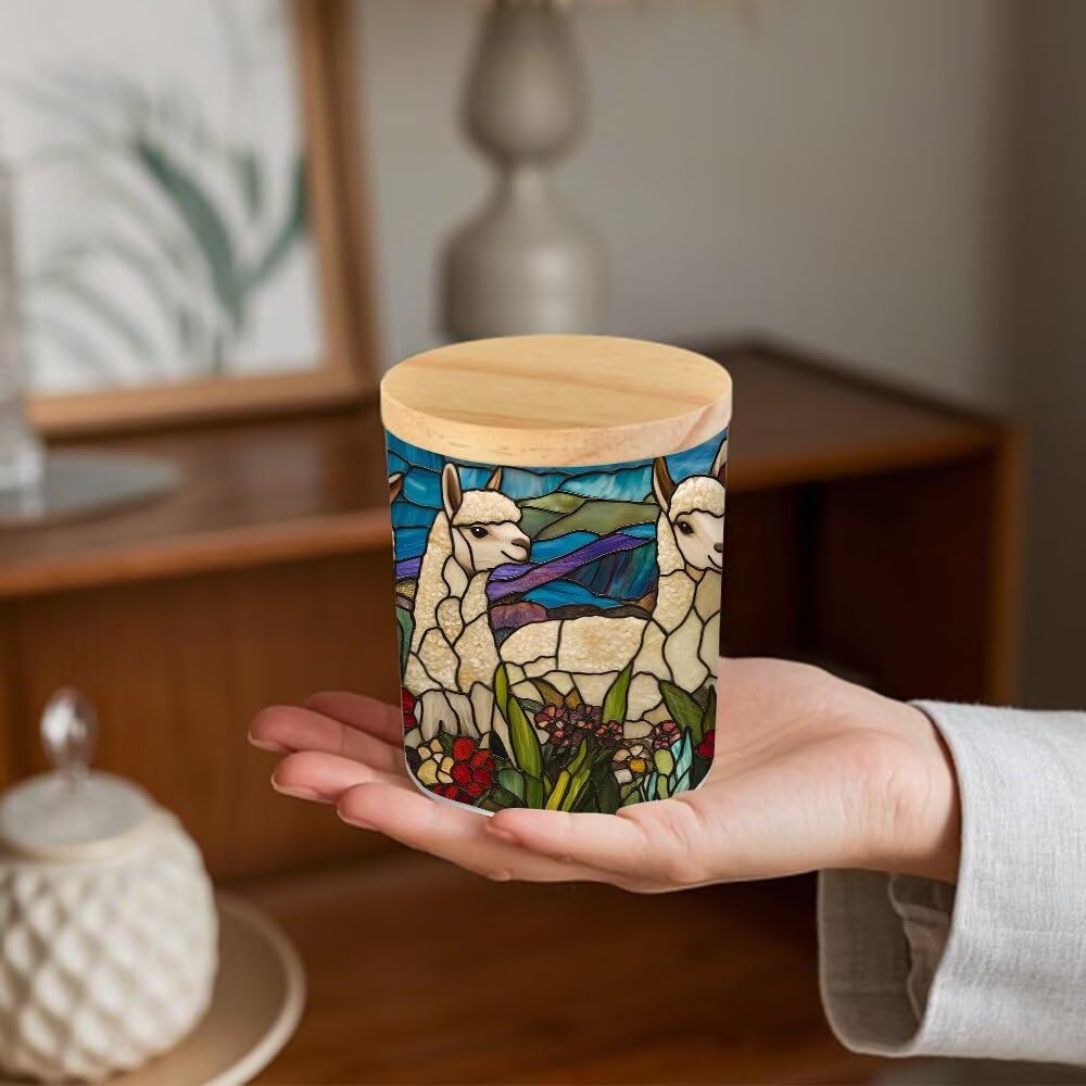 Stained Glass Alpaca Tea Light Candle Holders, Country Wilflowers Tealight Candle Holder Jar with Wooden Lid, Votive Candlesticks for Table Centerpieces, Christmas,Birthday Party,Home Decor