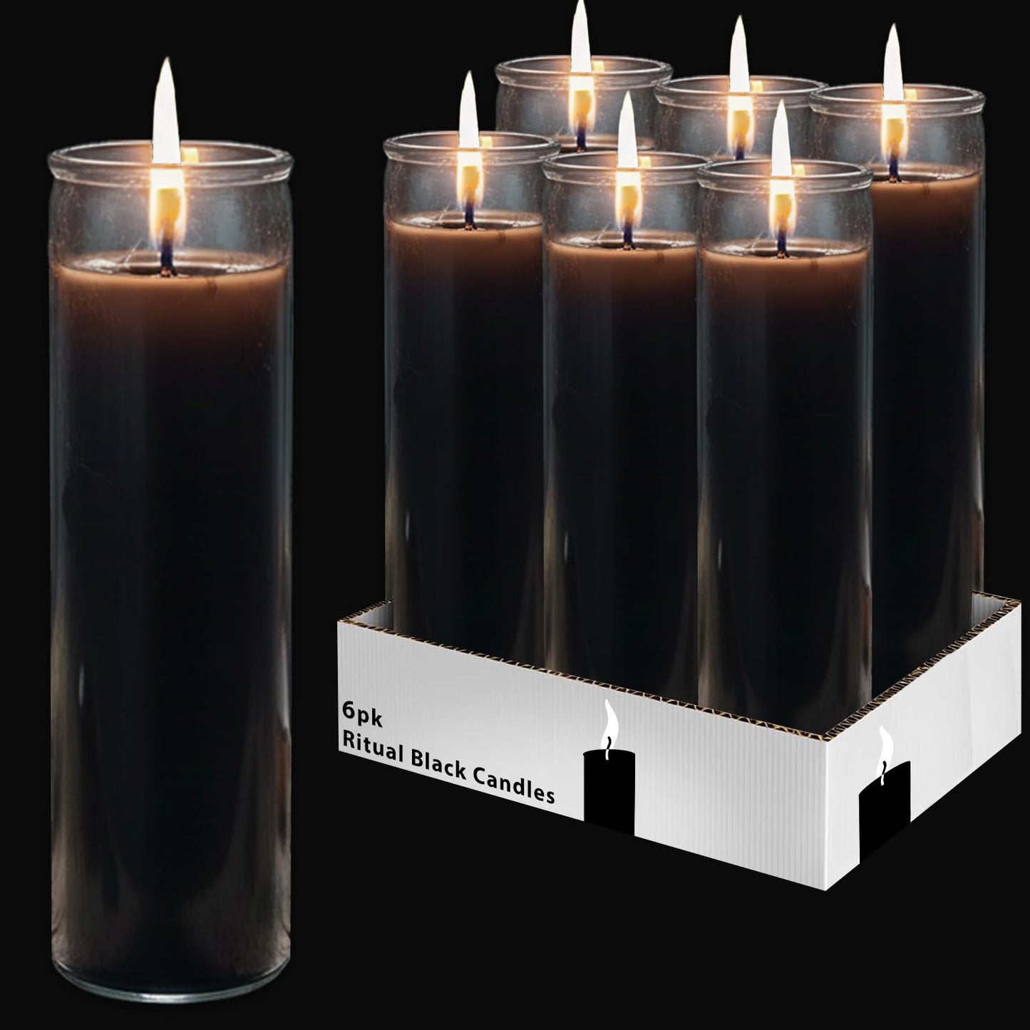 Black Glass Candle Set - 6 Pack Unscented Black Prayer Candles for Rituals, Spells, Magic, Pagan and Witchcraft Altars, Plus More | Bulk 8" Candle Kit