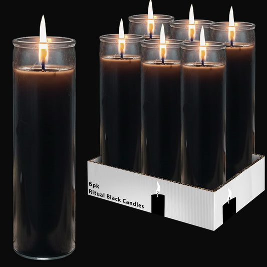 Black Glass Candle Set - 6 Pack Unscented Black Prayer Candles for Rituals, Spells, Magic, Pagan and Witchcraft Altars, Plus More | Bulk 8" Candle Kit