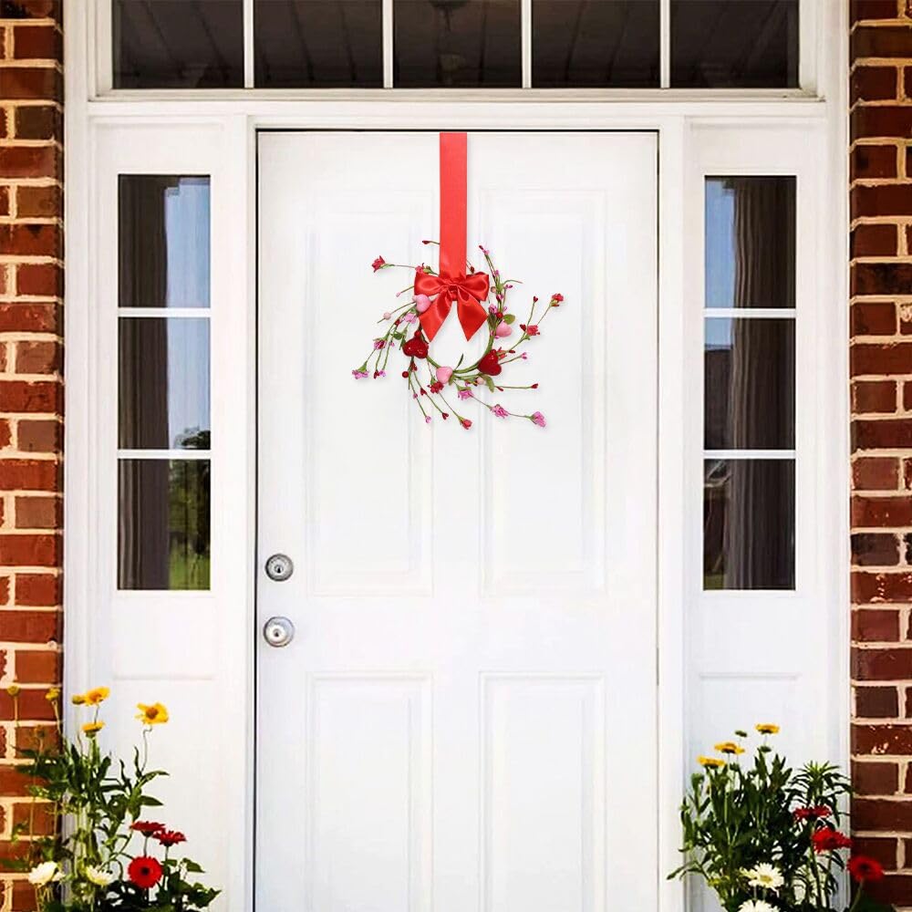 2 Pcs 10" Mini Valentine Candle Rings Wreath for Front Door Small Valentine's Day Red Heart Berry with Forsythia Flowers Decor for Kitchen Cabinet Porch Wall Window Chai (Pink)