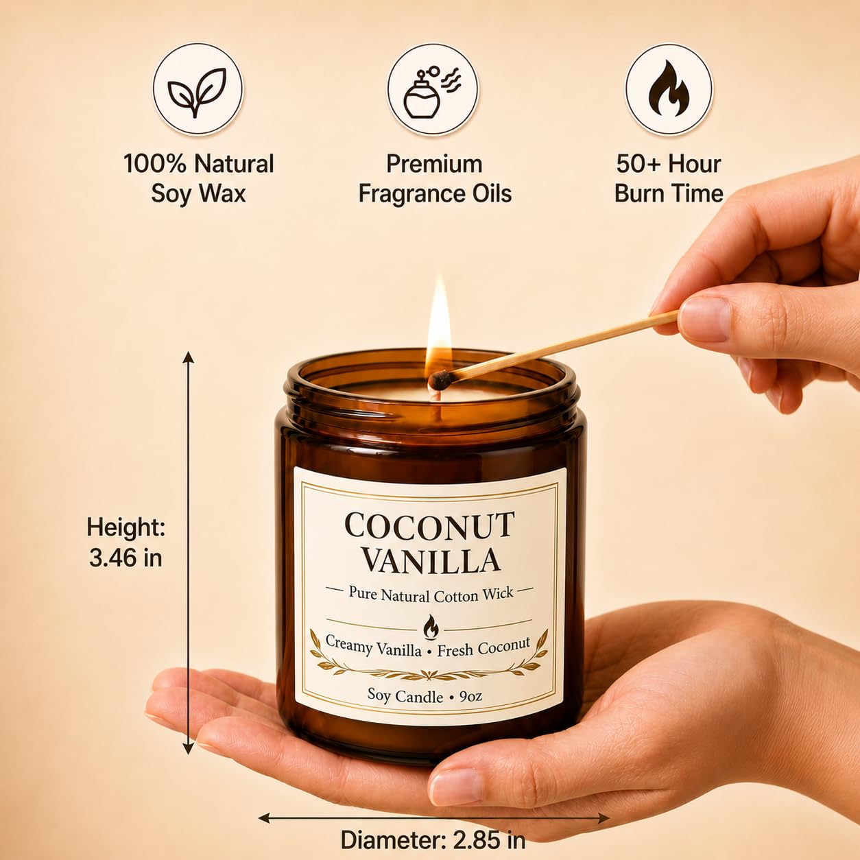 Coconut Vanilla Candle, 9 oz Soy Coconut Wax Scented Candle for Home, Vanilla Coconut Aromatherapy Candle, Clean Burning Jar Candle for Bedroom Bathroom Spa, Candle Gifts for Women Men