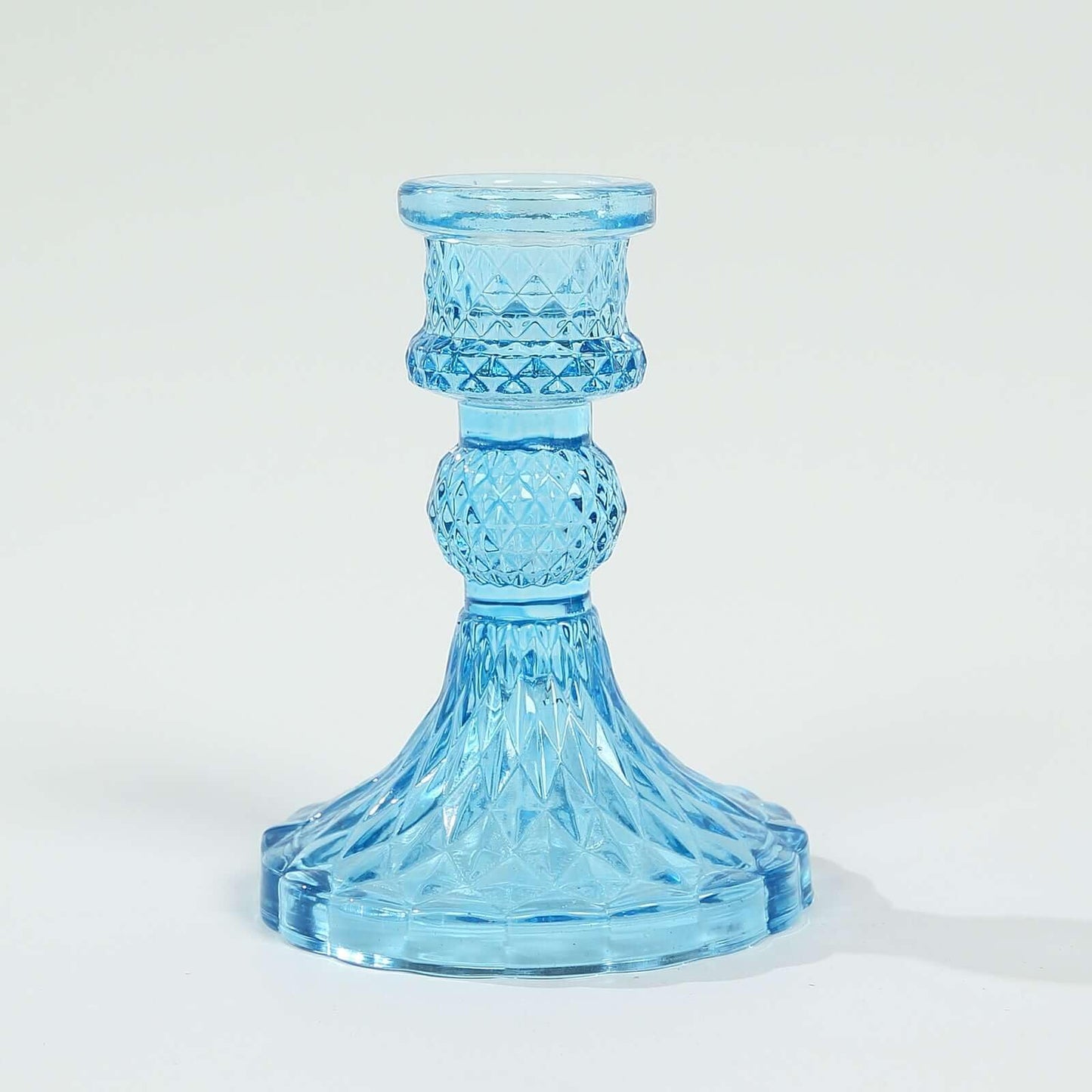 Efavormart 6 Pack Assorted Blue Glass Taper Candlestick Holders with Diamond Pattern, Reversible Crystal Pillar Votive Candle Stands - 4"