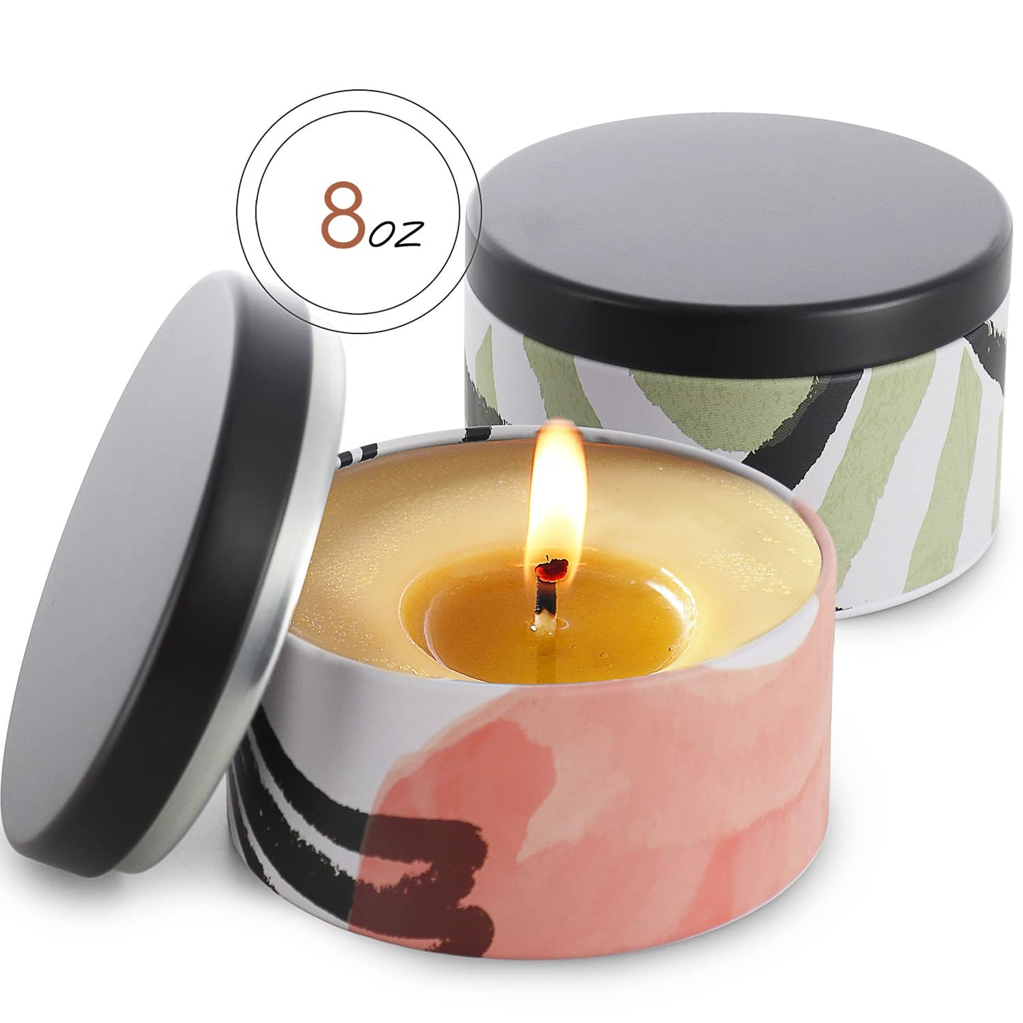 Hearth & Harbor Tin Candle Jars for Making Candles - DIY Candle Containers with Lids - Metal Candle Jars - Bulk Tins Storage for Candle - (24 Pieces) - (8 Ounces) - Painted Illustration