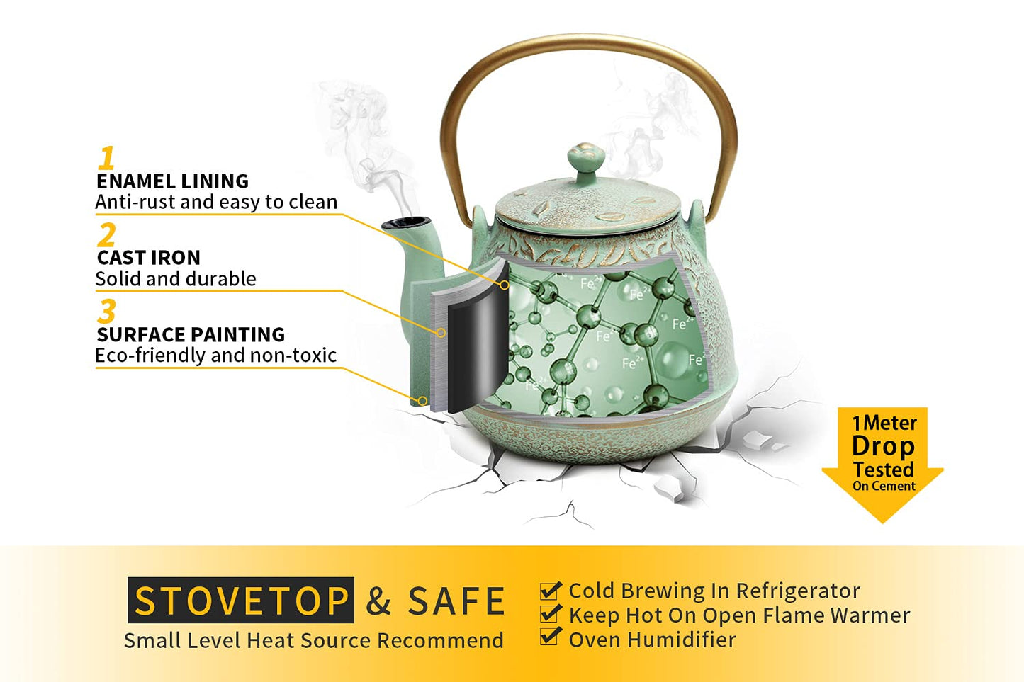 Tea Kettle, TOPTIER Japanese Cast Iron Teapot with Infuser for Loose Leaf and Tea Bags, Stovetop Safe Cast Iron Tea Kettle Coated with Enameled Interior for 40 oz (1200 ml), Light Green