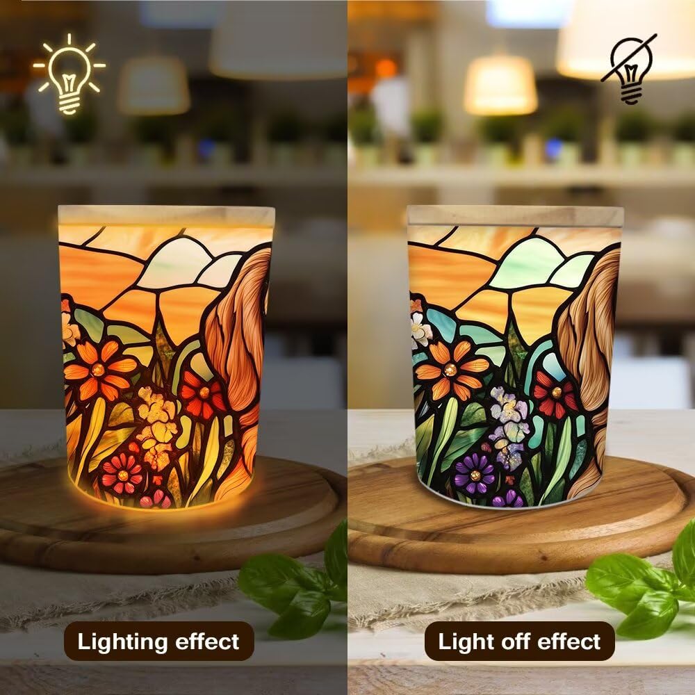 Stained Glass Golden Retriever Dog Tea Light Candle Holders, Pet Memorial Tealight Candle Holder Jar with Wooden Lid, Bereavement Remembrance Votive Candlesticks Dog Memorial Gifts for Loss of Dog