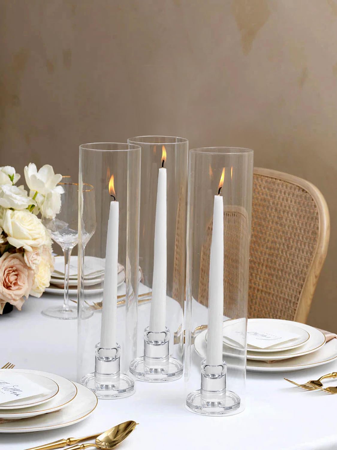 Vixdonos Glass Hurricane Candle Holder Set of 3 Modern Candlestick Holders Long Taper Candle Stand with 11.8 inch Tall Cylinder Windproof Cover for Wedding Party Table Centerpiece Outdoor