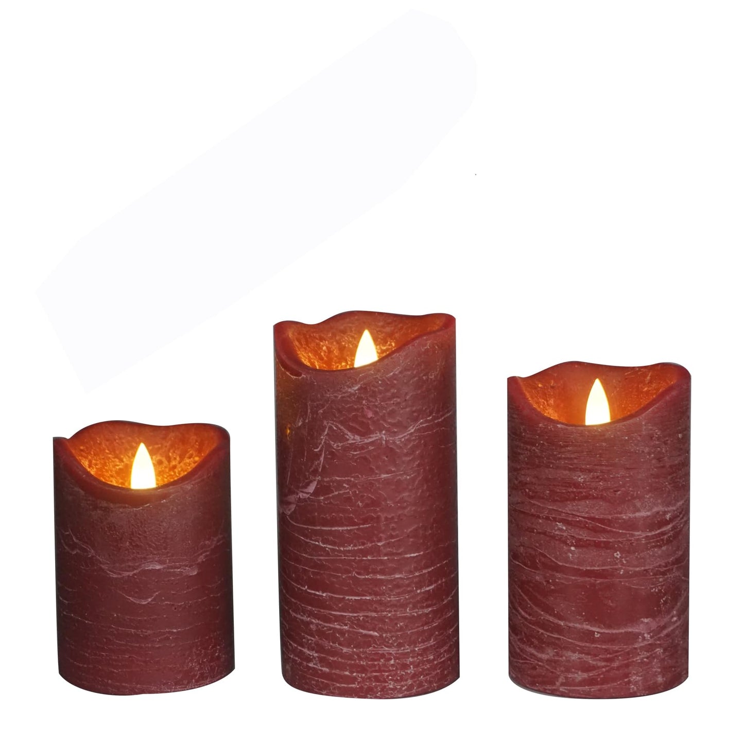 CANDLE CHOICE Battery Operated Flameless Candles with Timer Real Wax Realistic Flickering Electric LED Pillars Automatic Built-in Daily Cycle Timer 6-hour on 18-hour off 3 Pack Rustic Texture Burgundy