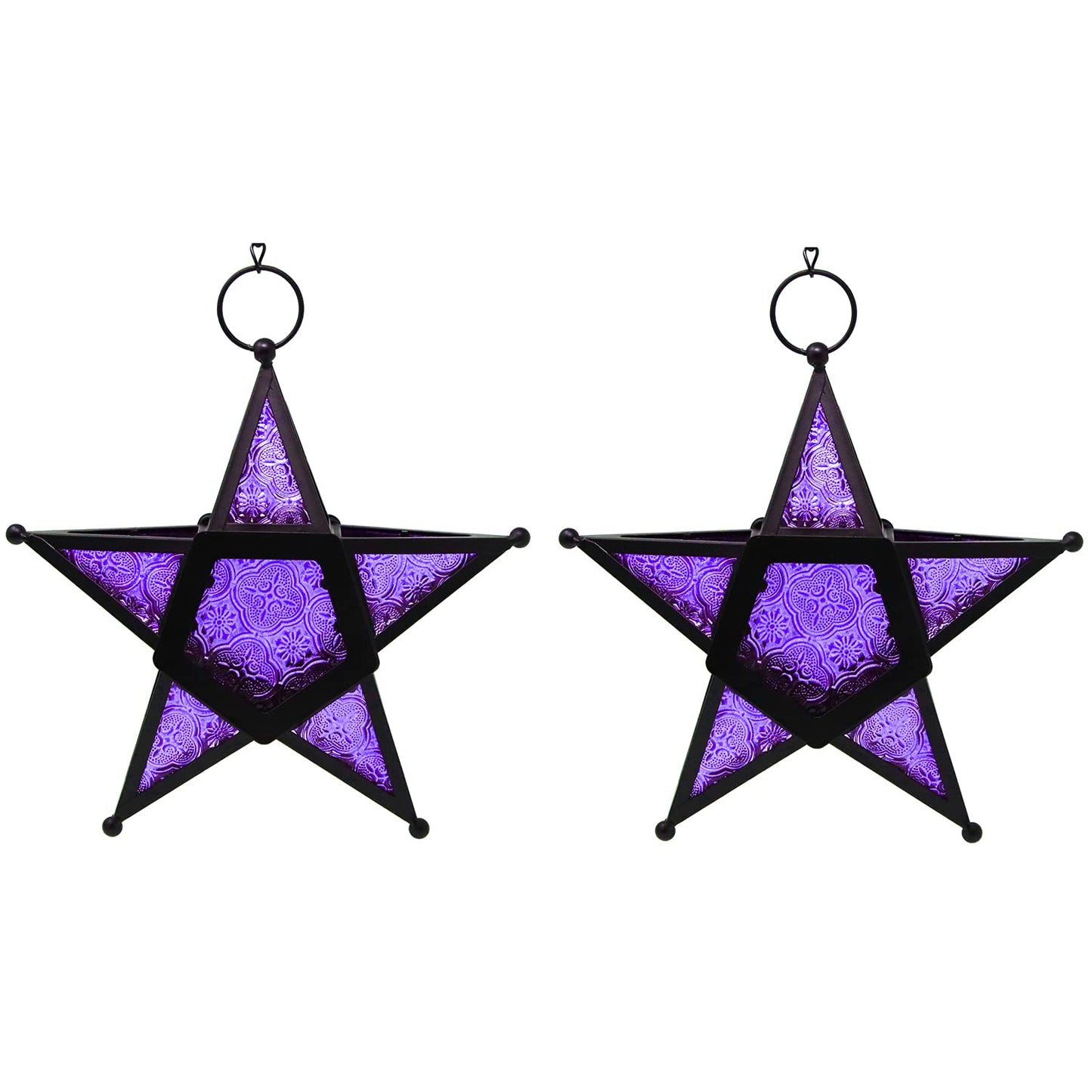 VELA LANTERNS Set of 2 Decorative Hanging Star Candle Lanterns – Moroccan Style Purple Glass & Metal Tealight Holders for Indoor, Outdoor, Patio, and Home Decor