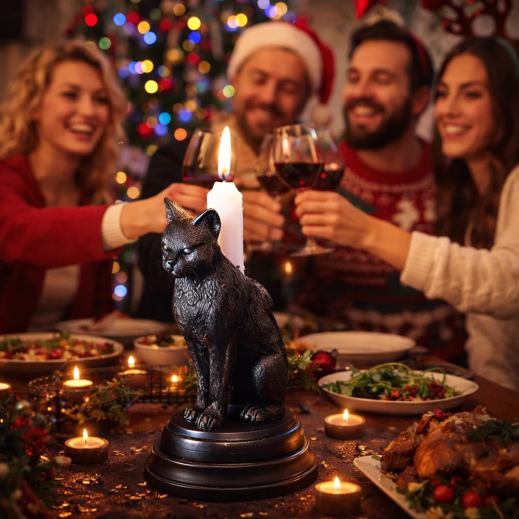 Gothic Black Cat Candle Holder Statue,Resin Cat Candlestick Holder,Halloween Gothic Tabletop Decor for Home,Dining Table & Party,Witchy Cat Figurine Gift (cat)