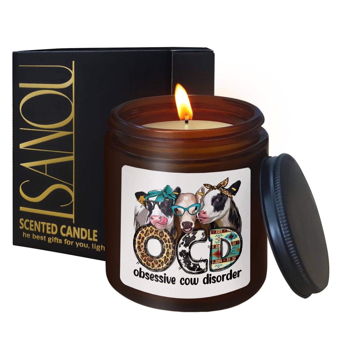 ISANOU OCD Obsessive Cow Disorder Funny Cows Candle,Western Birthday Candle Gifts for Women Friend Cows Lover,Cow Themed Gifts,Cedar Fragrance Scented Candles,8 oz, 028AH