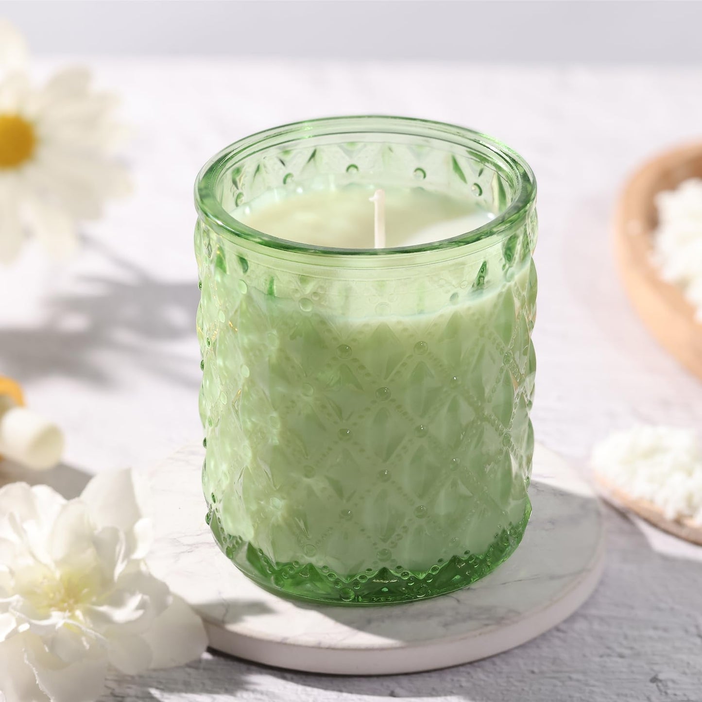 NITIME 15pcs 7.5oz Green Candle jars for Making Candles, Glass Candle Vessels With Bamboo Lids and Sticky Labels, Candle Containers for Making Candles and Candle Making Supplies