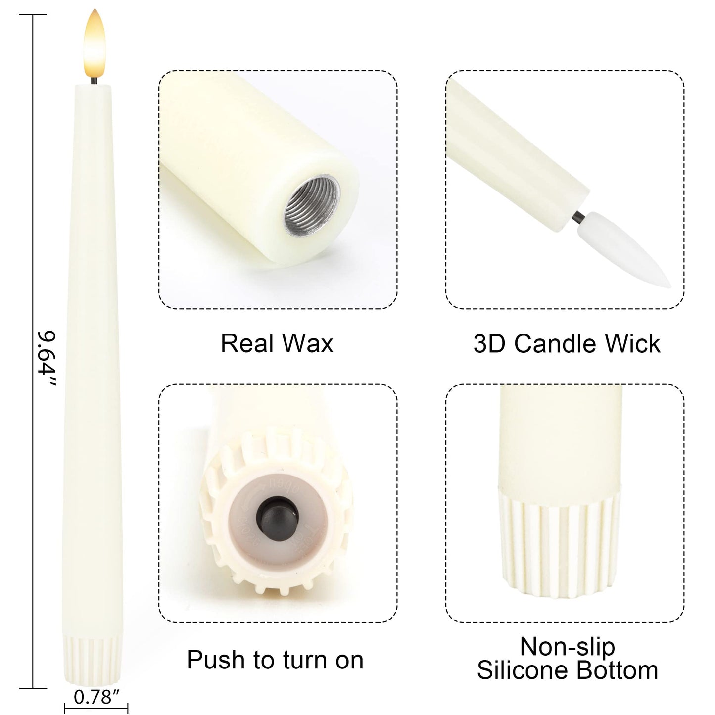 Flameless Taper Candles with 3D Wick, 9.6" Real Wax LED Candles with 2 Remote and Timer, 6 Pack Flickering Candlesticks Battery Operated, Classic Tall Taper Candle for Home, Wedding, Party, Ivory