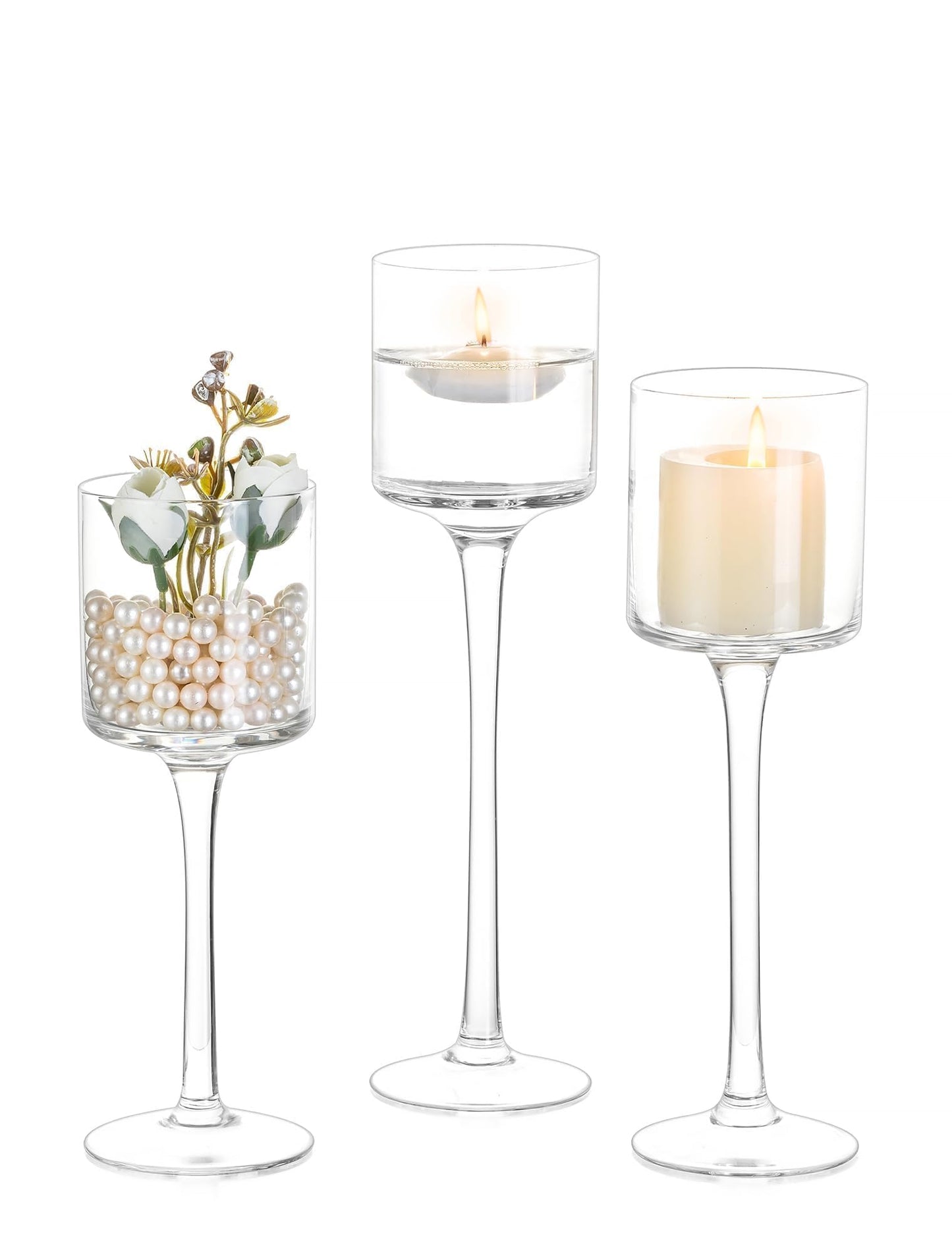 Inweder Tall Glass Candle Holder: Long Stem Floating Candle Holders for Tealight Votive and Pillar Large Clear Centerpieces for Wedding Table Party Home Set of 3