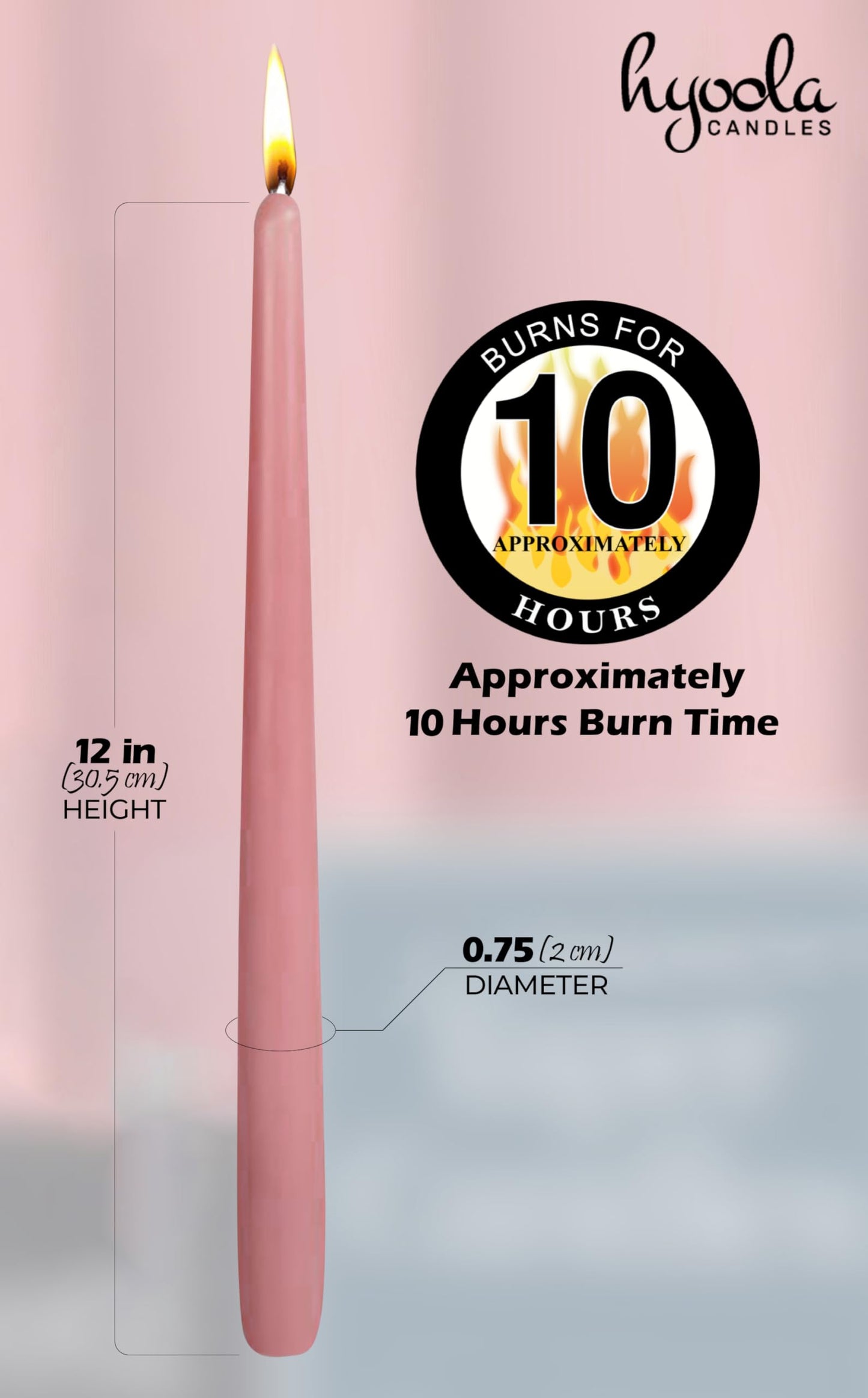 Hyoola 12 Pack Tall Taper Candles - 12 Inch Rose Pink Dripless, Unscented Dinner Candle - Paraffin Wax with Cotton Wicks - 10 Hour Burn Time