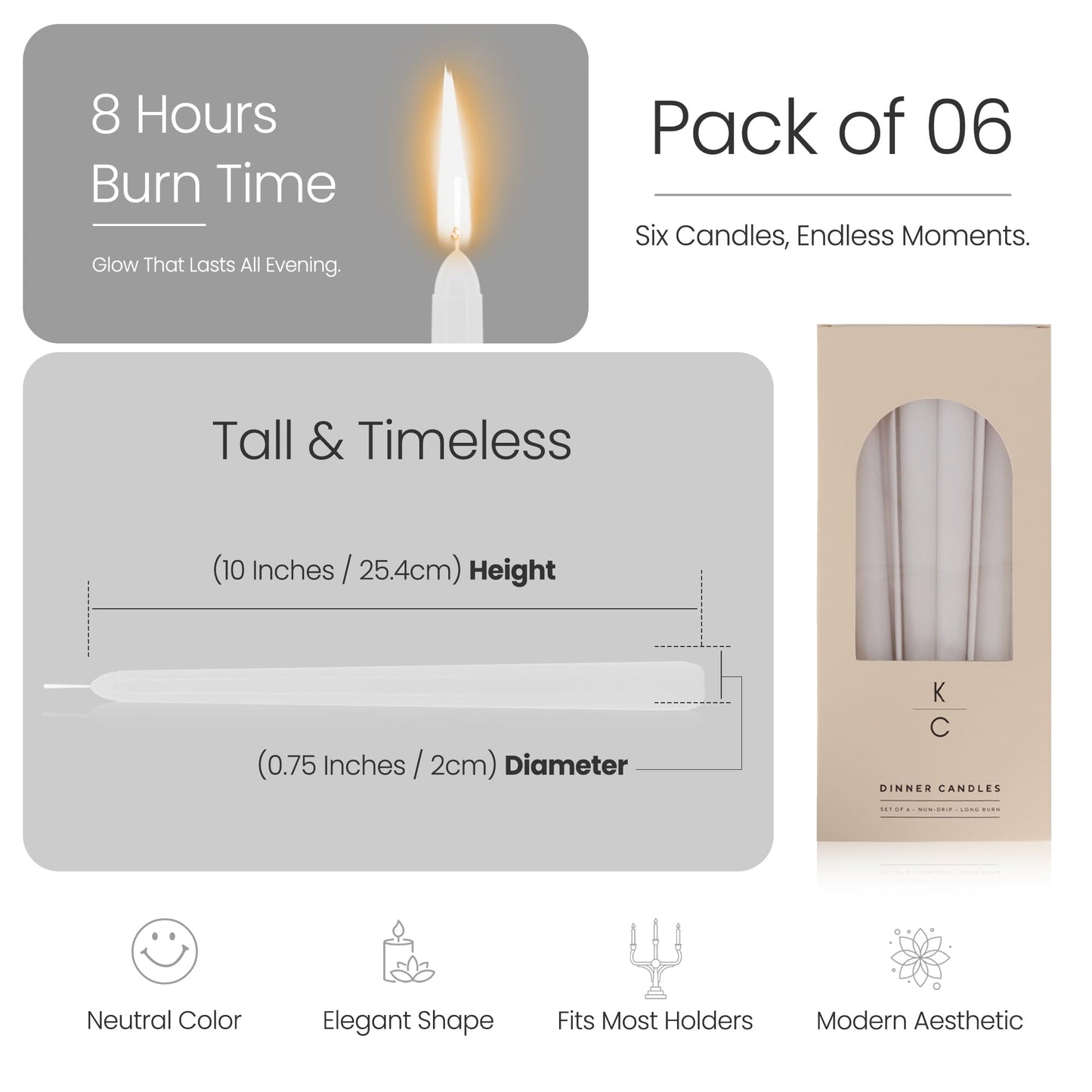 Tapered Dinner Candles - Soy & Paraffin Blend, Dinner Candles with Long-Lasting 7-Hour Burn for Stylish Homes - Candle in Curated Colors Ideal Gift for Hosts, Brides & Event Planners-White