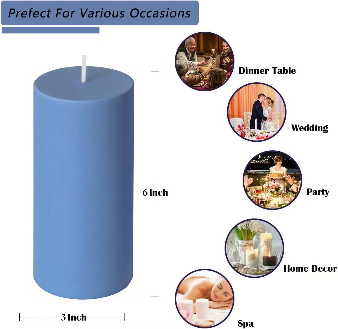 2 Pack 3x6 Inch Dusty Blue Unscented Pillar Candles - 70 Hour Long Burning Dripless Smokeless Candles for Home Decoration