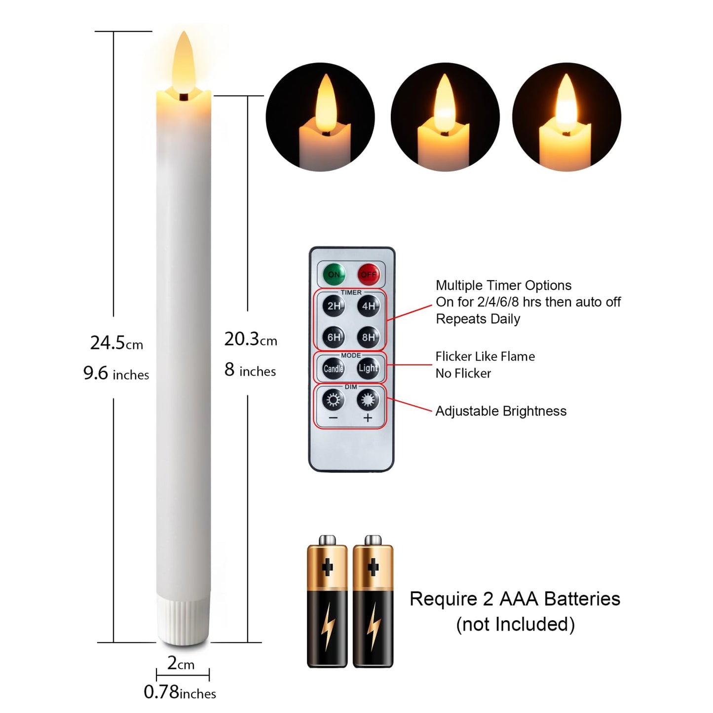 Homemory Waxy Flameless Taper Candles with Remote Timer Dimmer, Battery Operated Candlesticks Flickering, LED Window Candles Realistic, 9.6 Inches for Christmas Wedding Indoor Decor, White, 6 Pcs