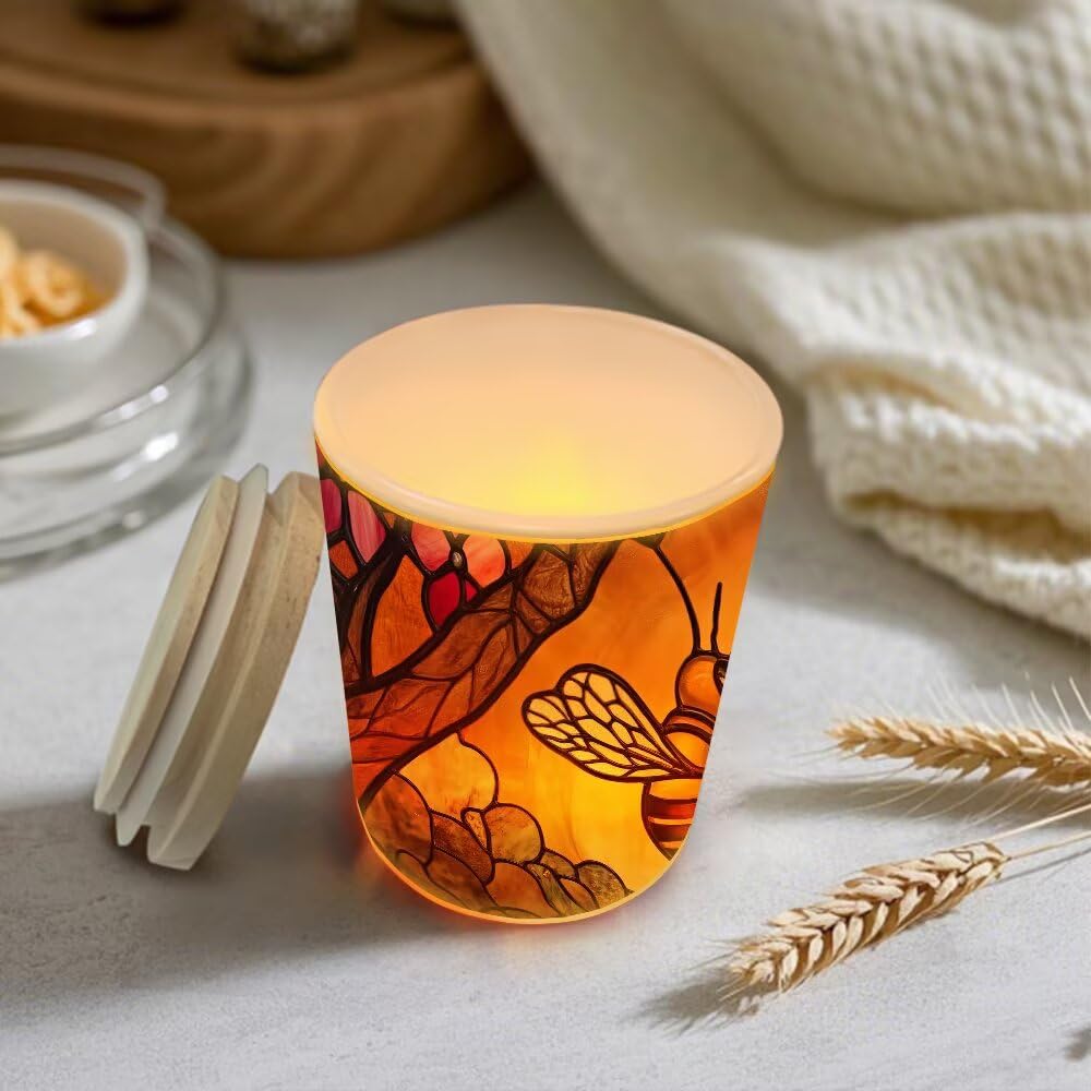 Stained Glass Farmhouse Bees Tea Light Candle Holders, Hearts Tealight Candle Holder Jar with Wooden Lid, Floral Votive Candlesticks for Table Centerpieces, Christmas,Birthday Party