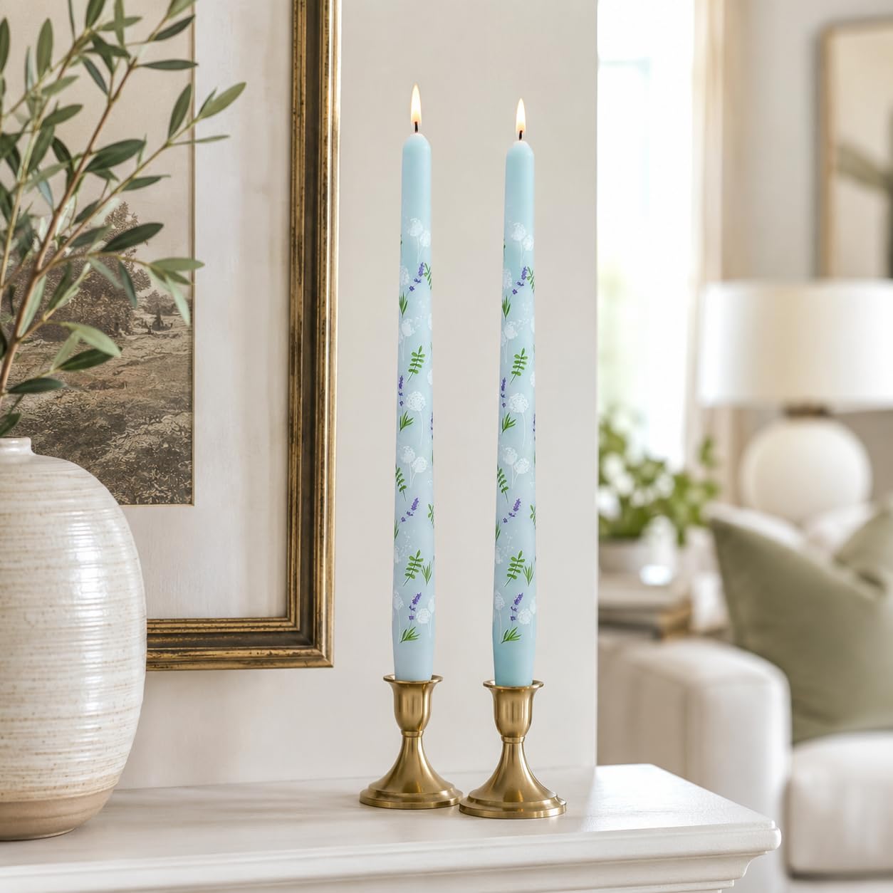 Dandelion Printed Taper Candles Set of 2, 10 Inch Handmade Candle Stick, Unscented Long Candle, Tapered Candles for Wedding Dinner Table Home Decor Gift