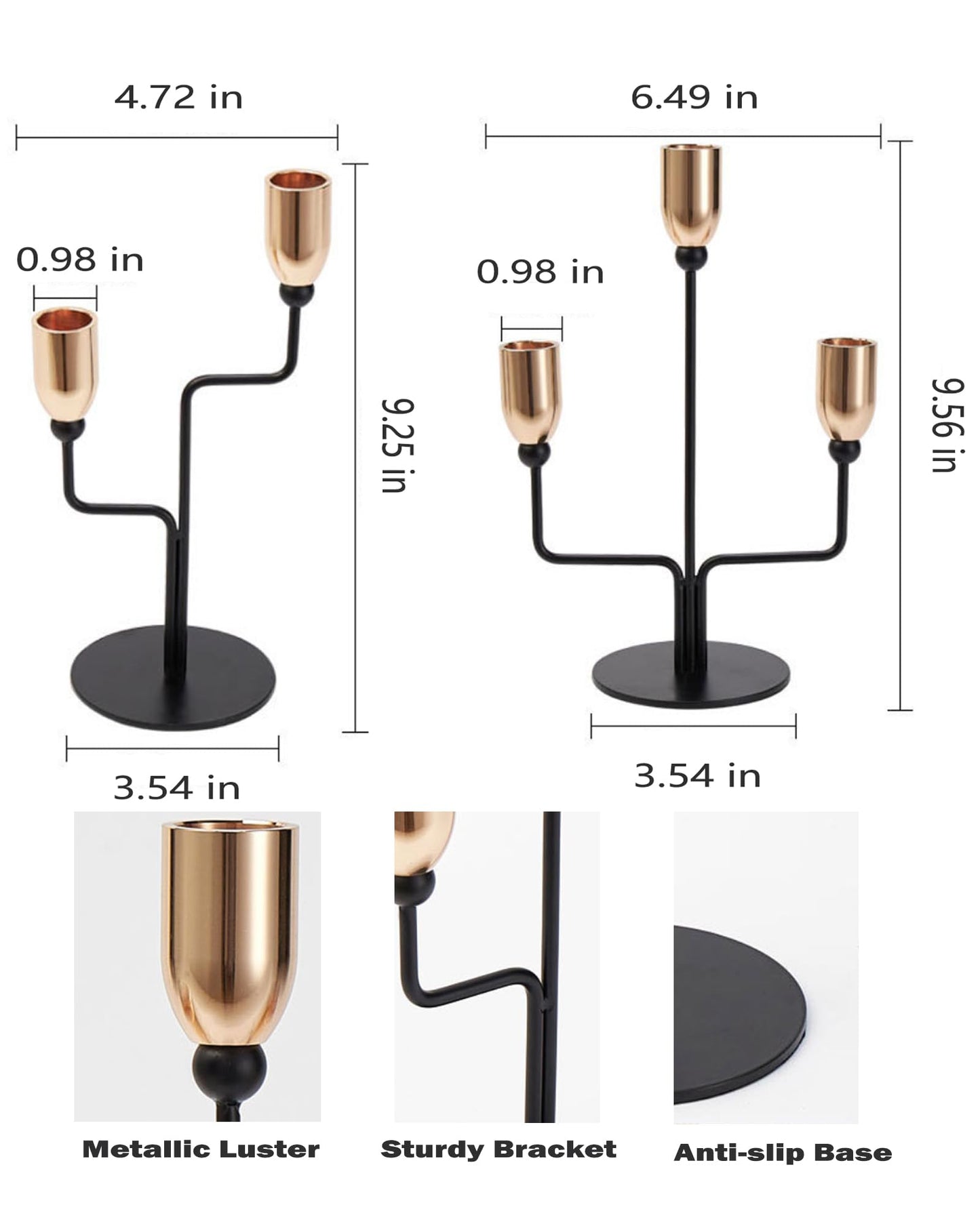 LHQOO Metal Triple Taper Candle Holder, Modern Gold & Black Candle Holder with Stable Base, Decorative Candle Stand for Home Decor, Wedding, Dining, Party, Anniversary
