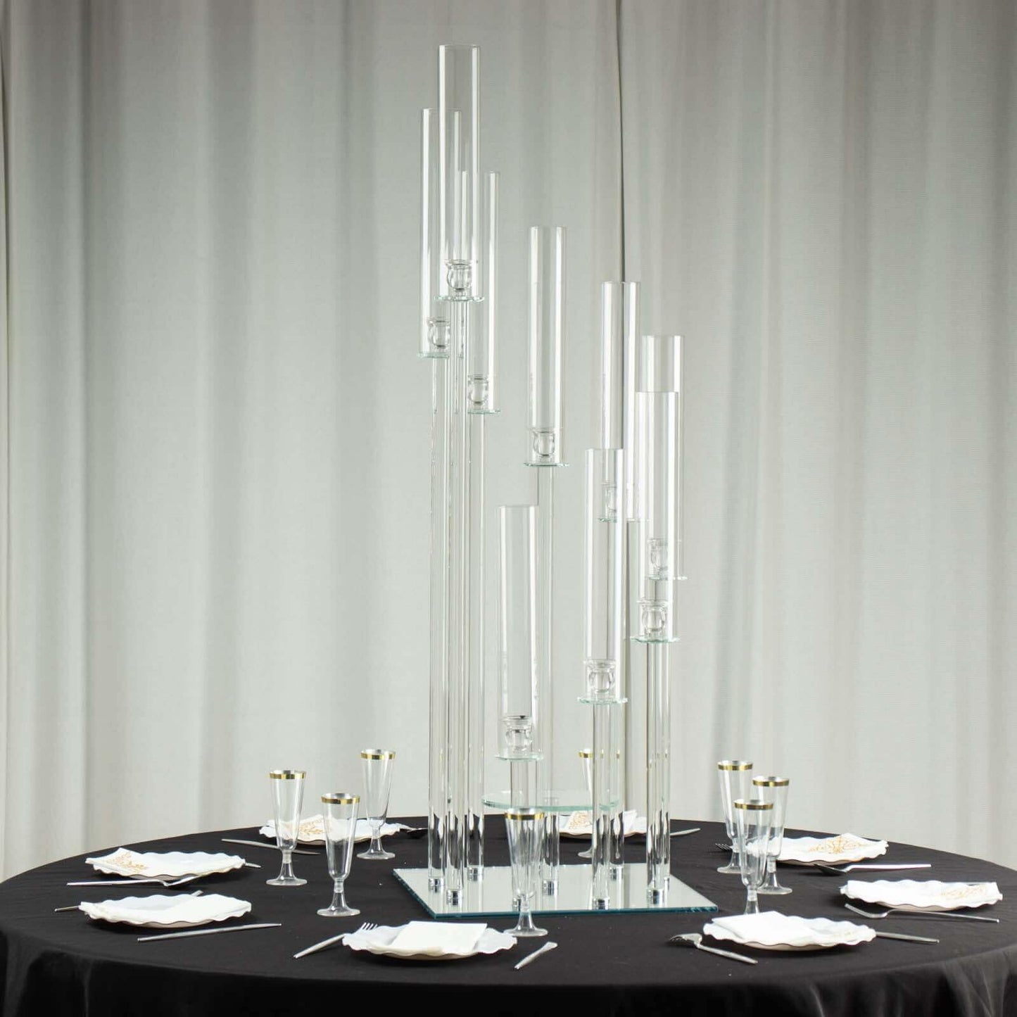 Efavormart 48" Crystal 9-Arm Cluster Glass Candelabra Floral Pedestal Stand, Square Hurricane Taper Candle Holder Stand