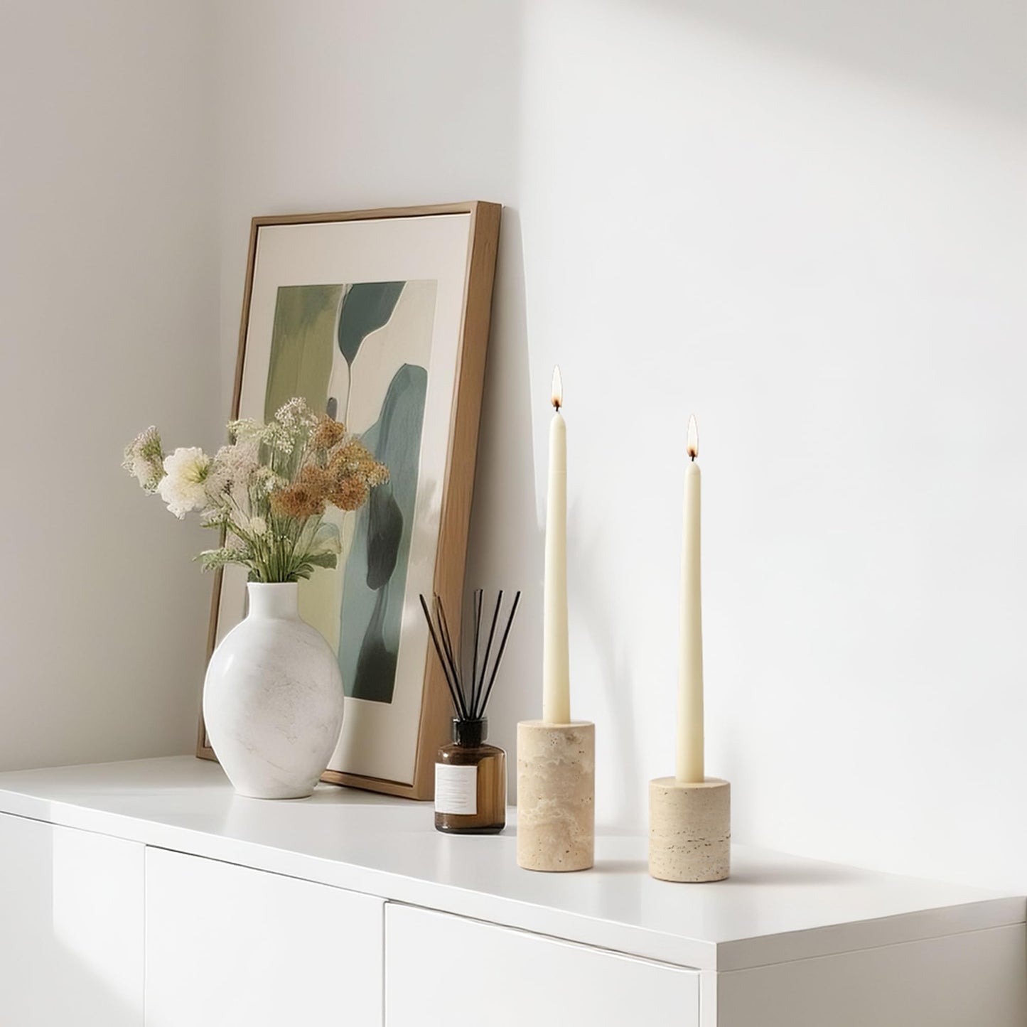 WORHE Candle Holders True Natural Marble Set of 2 Decorative Candlestick Holder for Table Centerpieces Home Dinning Party Wedding Birthday Premium Candles Stand for 3/4 inch Candles Beige (ZT017R)