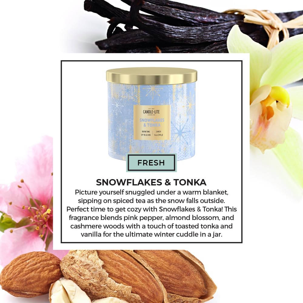 Candle-lite Holiday Scented Candles, Almond Blossom with Cashmere Woods, 14 oz 3-Wick Jar Candle, Proudly Poured in USA, Christmas Home Decor, 45 Hours of Burn Time, Holiday Gift for Men and Women