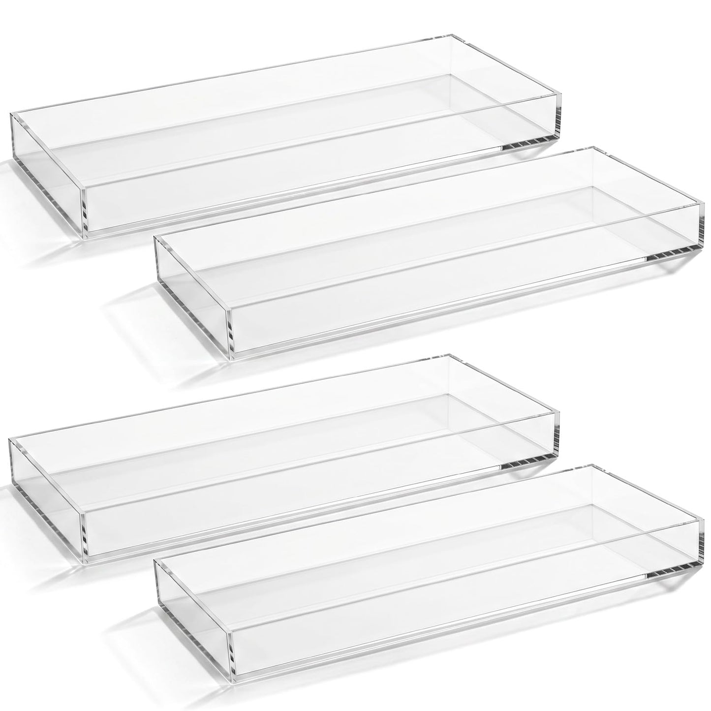 Kegeeei 4 Pack Acrylic Bathroom Trays, Clear Tray for Toilet Tank, Decorative Countertop Organizer for Perfume, Soap, Jewelry, Candle, Plant, 12 x 5.1 x 1.2 Inches