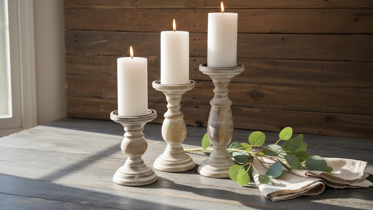 White WSH Candle Stands Wooden for Pillar Candles,Rounded Turned Colums, Sustainable Woods, Country Style Aromatherapy Candle Gardens Home décor - 6,8,10 Inch Set of 3
