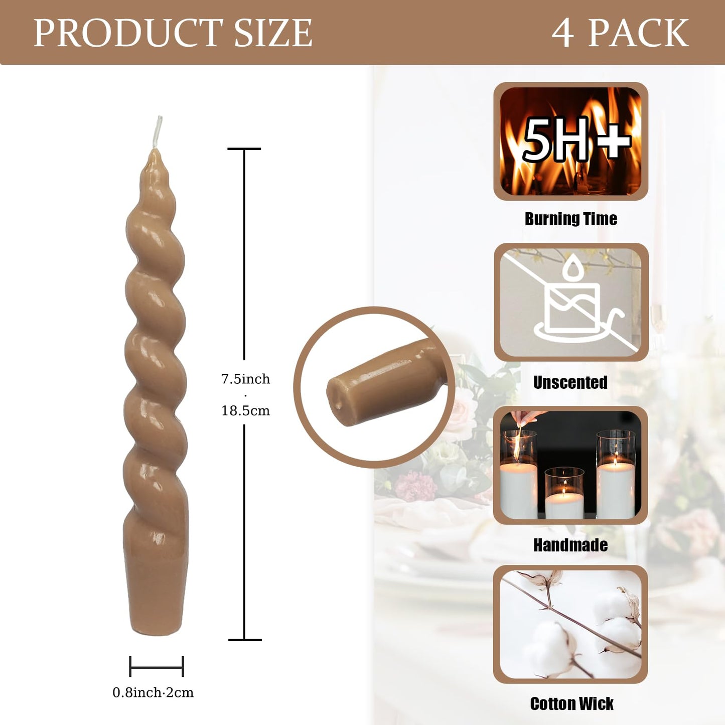 4 Pack 7.5 Inch Brown Spiral Twisted Taper Candles,Unscented Dripless Candlesticks Handmade Smokeless Candle Sticks for Candlelight Dinner Valentine's Day Wedding Home Decor