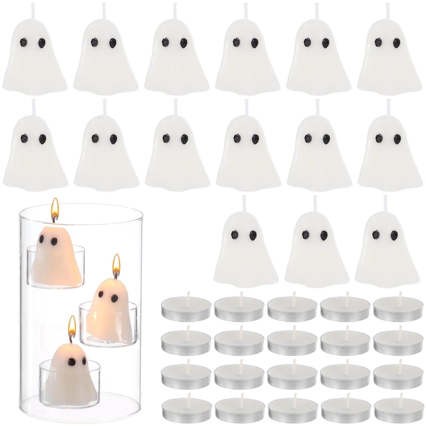 Halloween Glass Candle Holder Set, Decorative Cylinder Candle Holder with 15 Candles and 20 Tea Lights, Floating Centerpiece Kit for Parties, Weddings, Holidays