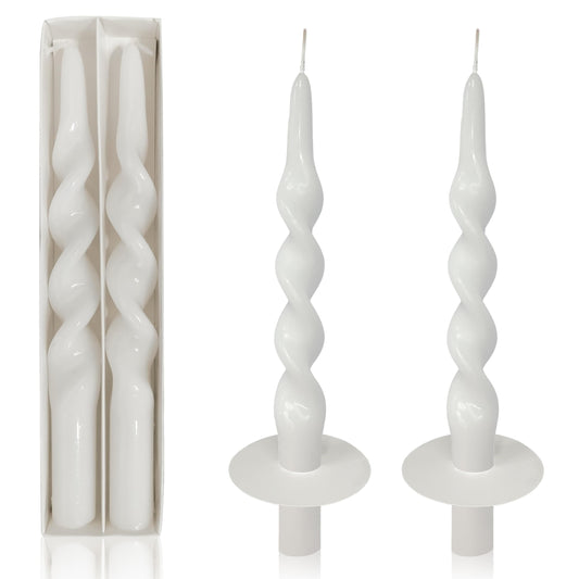 Spiral Taper Candles Twisted Candlesticks Tall White Unscented Smokeless Odorless Candle Sticks with Candle Drip Tray for Home Decoration Holiday Wedding Party