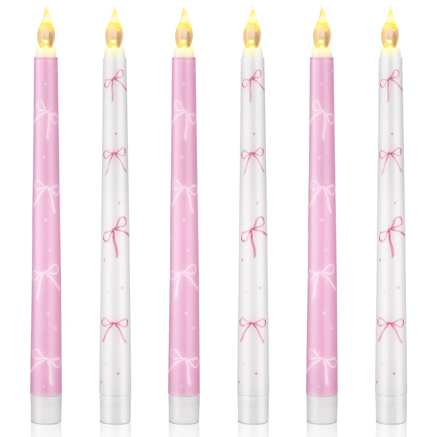 Conelist 6 Pcs Pink Bow Flameless Taper Candles 10.6 Inch Coquette LED Battery Operated Candles for Birthday Bridal Wedding Dinner Room Decor