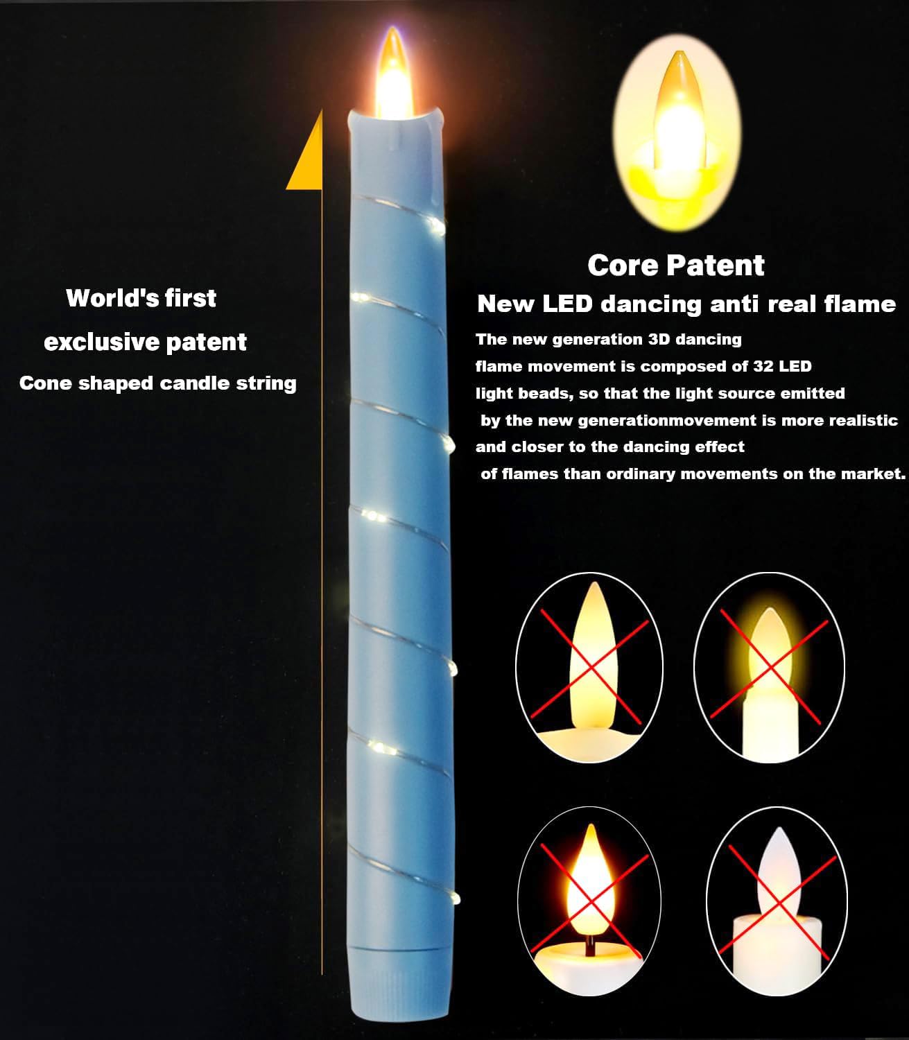 Flameless Cone Candle with Built-in Star String Light, 11 Button Remote Control, Timer, Battery Powered, Analog Flame, 3 Pack of Window Candles, Christmas Home & Wedding Decoration (Sky Blue)