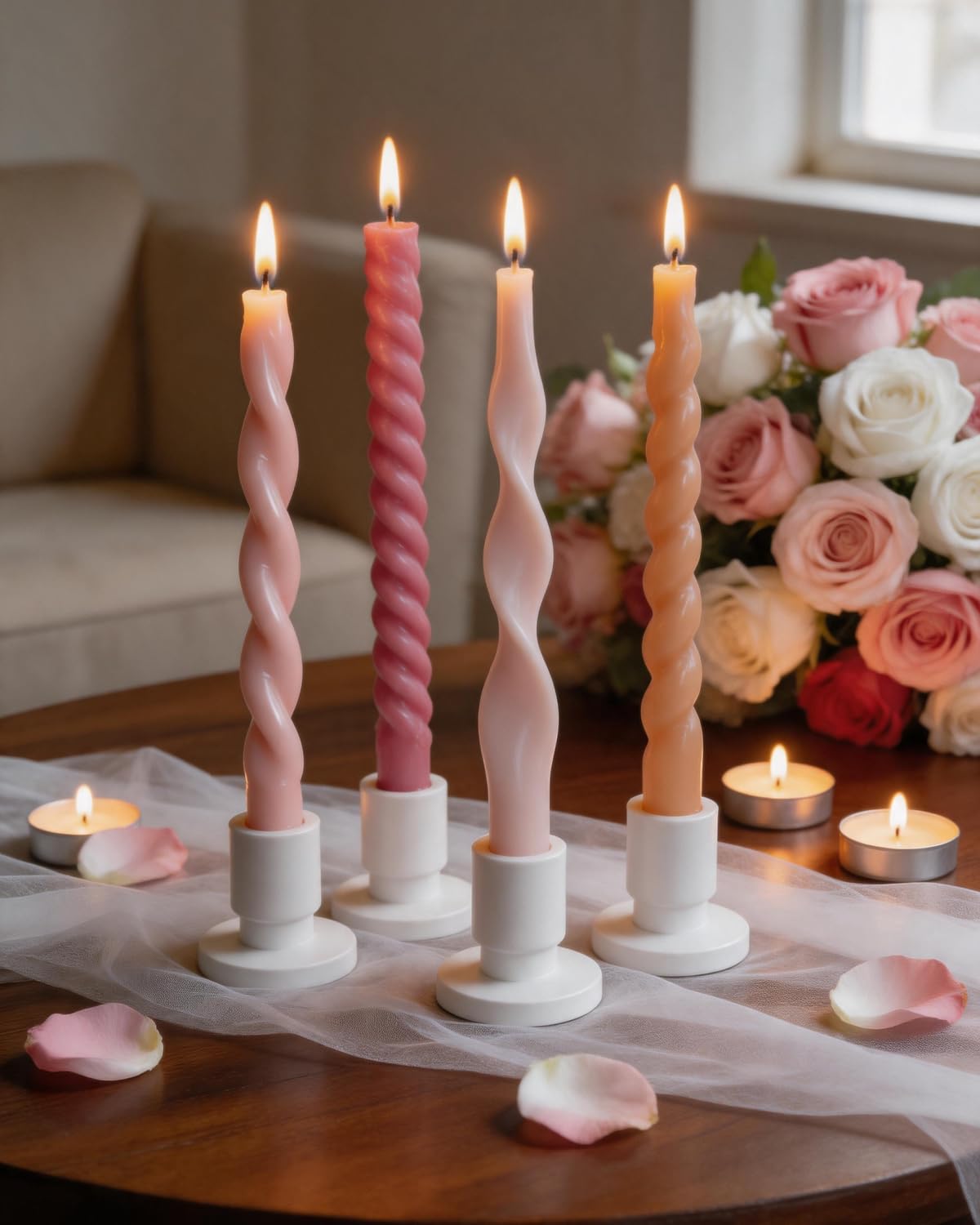 Pink Taper Candles Twisted Candlesticks Unscented Smokeless Tall Candles for Wedding Holiday Dinner Party Home Decorative candles-10inch,4pcs