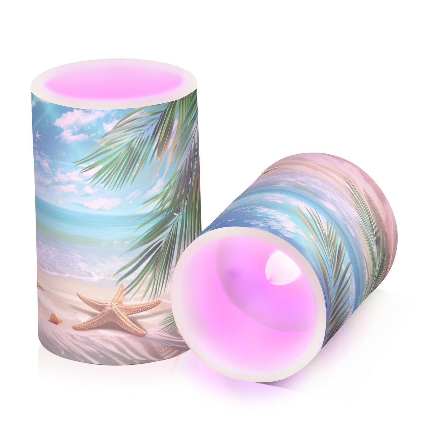 BOENLE Flickering Flameless Candles, Palm Leaves Starfish Beach LED Candles with Remote Timer, Set of 2 Battery Operated Candle for Valentine Wedding Birthday