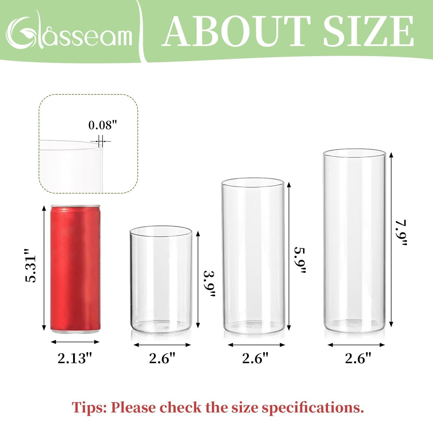 Glasseam Clear Cylinder Vases Set, 24Pcs Glass Vases for Centerpieces Bulk, Modern 2" Floating Candle Centerpieces for Decor, Hurricane Candle Holders for Wedding Table Decorations, Tall 4"+6"+8"