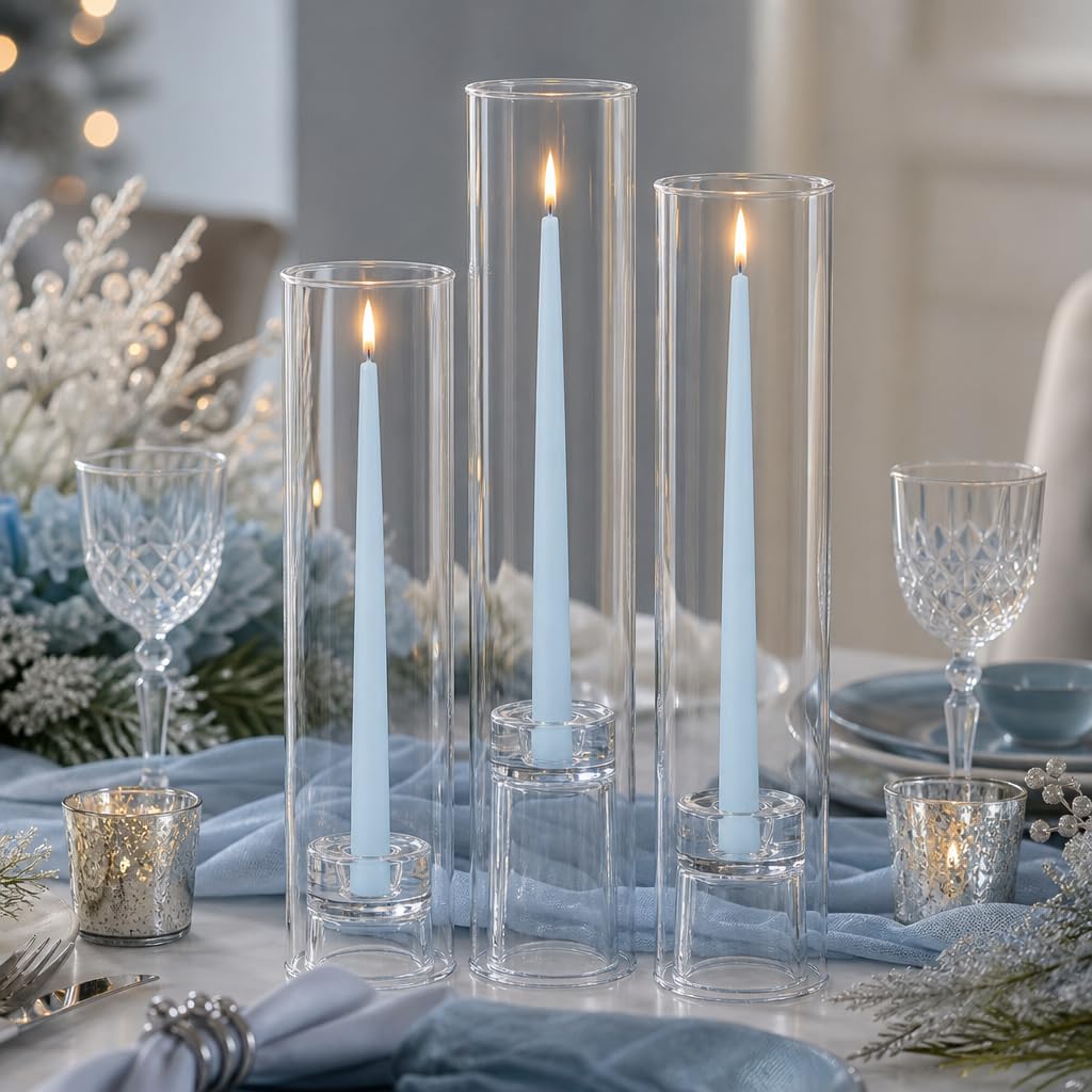 yummi Set of 12 Taper Candles, Chimney and Taper Holders - Ice Blue