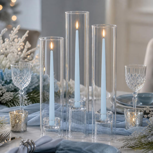yummi Set of 12 Taper Candles, Chimney and Taper Holders - Ice Blue