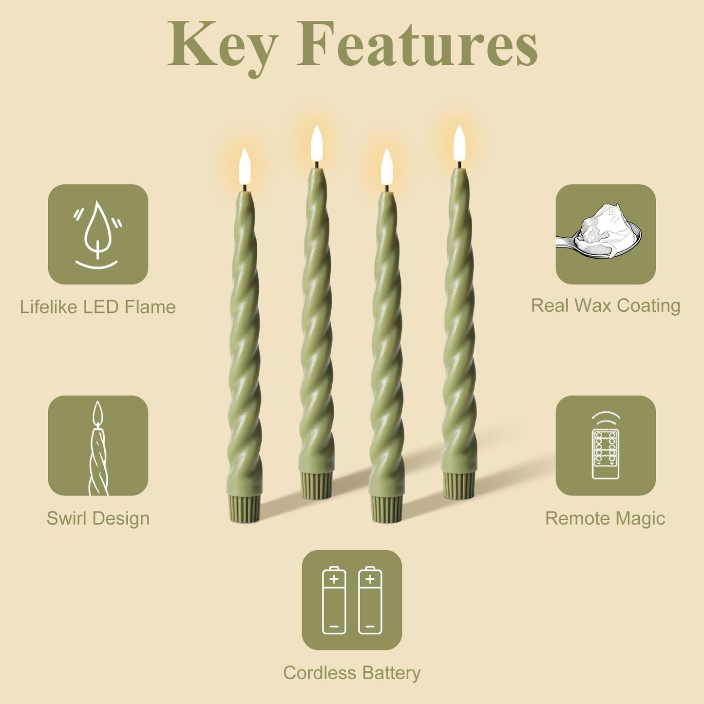 Girimax Sage Green Flameless Taper Candles with Remote, Flickering Spiral Battery LED Candlesticks Home Decor Set of 6