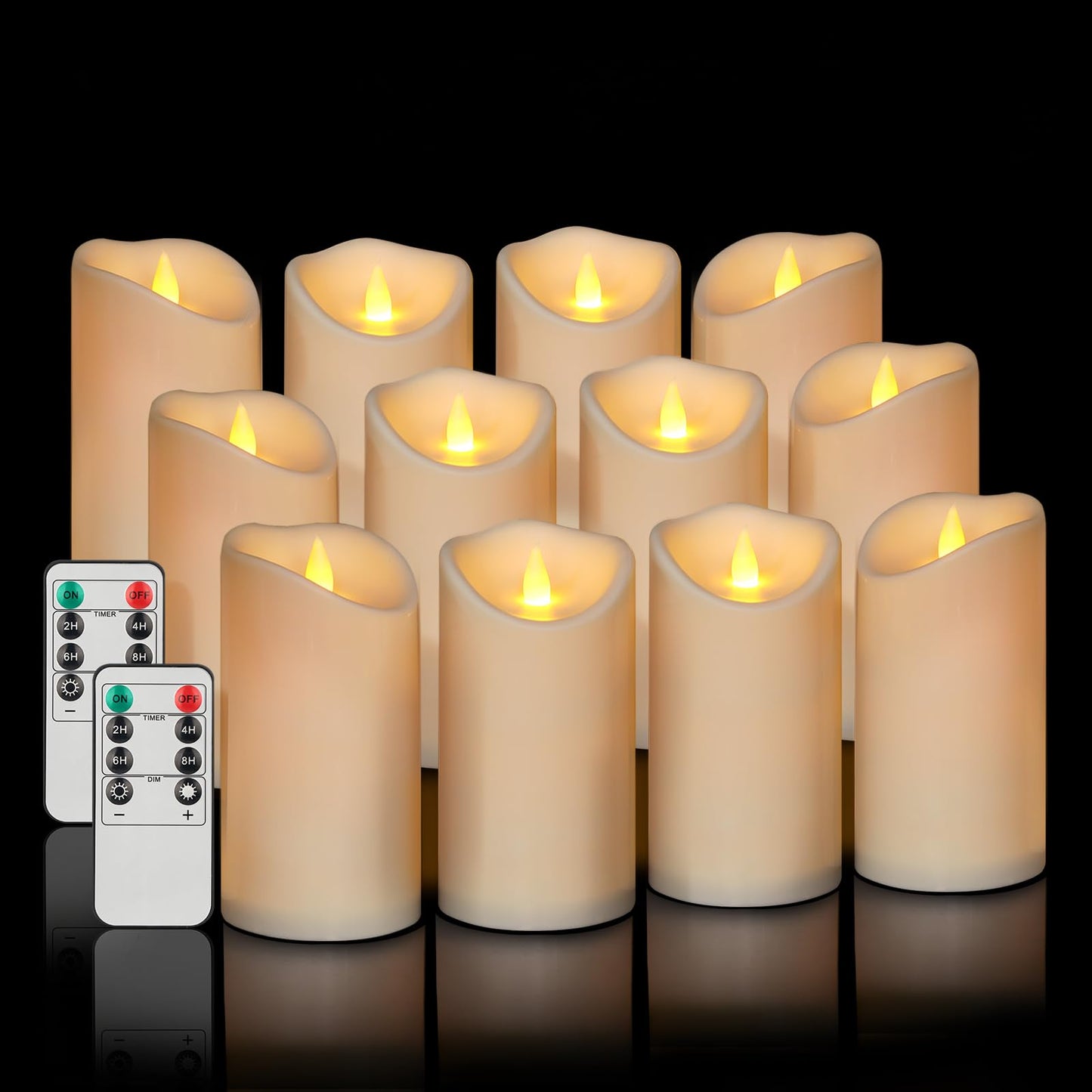 Flameless Candles 3"D X 6"H Set of 12 Outdoor Indoor Ivory Pillars Battery Operated Flickering Candles Include 8-Key Remote Timer Function, Ivory Waterproof Candles for Wedding, Aniversary Decor