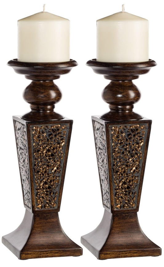 Creative Scents Schonwerk Brown Pillar Candle Holder Set of 2- Crackled Mosaic Design- Functional Table Decorations- Centerpieces for Dining/Living Room- Best Wedding Gift