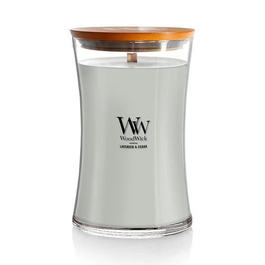 WoodWick Lavender & Cedar Holiday Candle Gifts for Women and Men, 21.5 oz Large Hourglass Candle with Crackling Wick