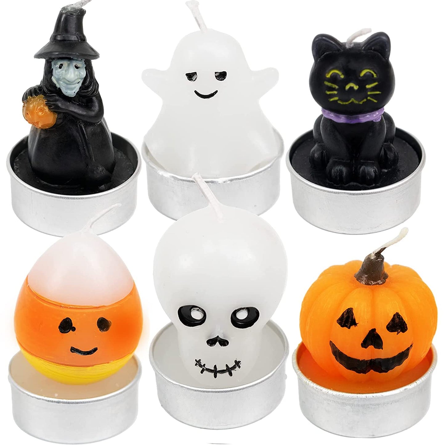 GiftExpress 12 Pcs Halloween Candles 6 Styles, Smokeless Unscented Tealight Candles for Halloween Decoration Party, Ghost, Witch, Skull, Jack O Lantern Pumpkin
