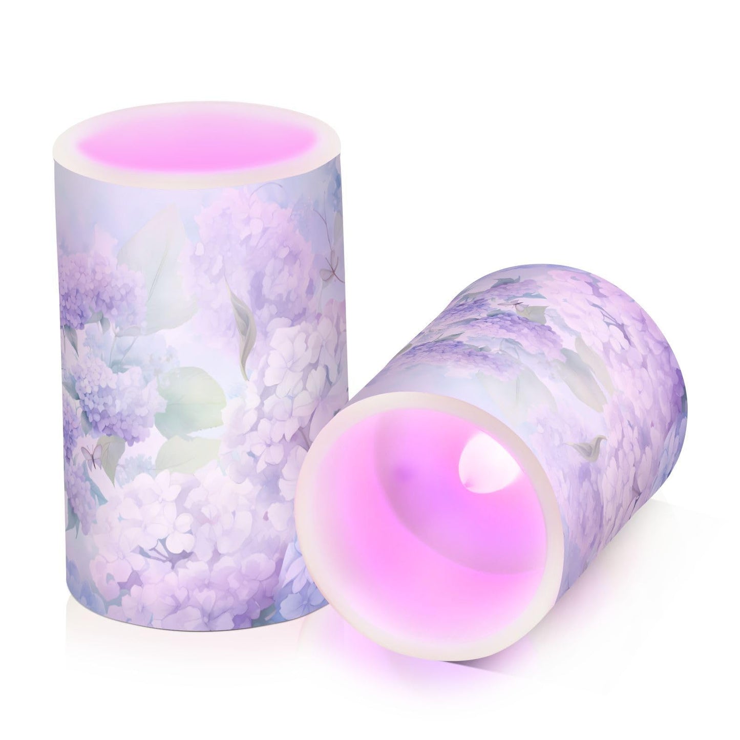 ALAZA Blue Hydrangea Flowers with Butterflies Flickering Flameless Candles Battery Operated with Remote Timer,Tea Light Candles LED Pillar Votive Candles Set of 2 for Outdoor Indoor Decorations