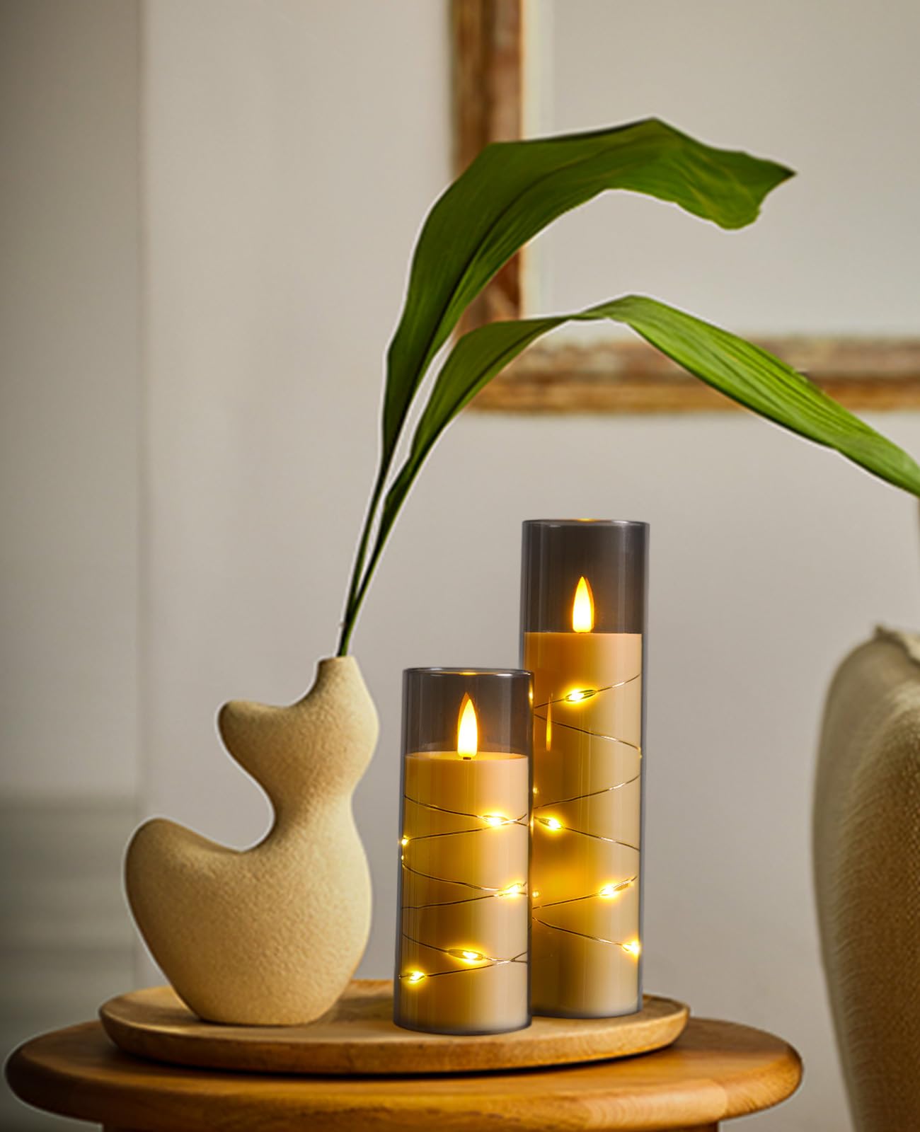 ACROSS Grey Flameless Candles with String Lights Battery Operated LED Pillar Candles 5‘’ 6‘’ 7‘’ 8‘’ Candle with Remote Control,Fake Candle Set of 12 for Special Festivals Decorations