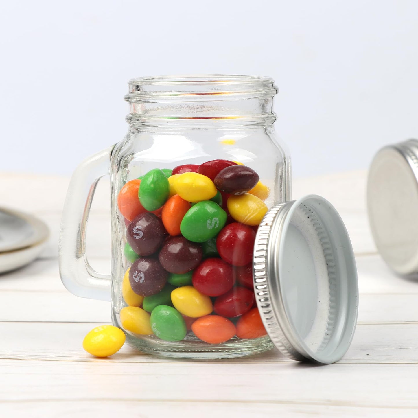 Homelike Style 4 oz Mini Mason Jar Mugs with Handle, Small Glass Jars with Airtight Metal Lids, 12 Pack Empty Glass Mugs for Gift Party Wedding Candle and Favor