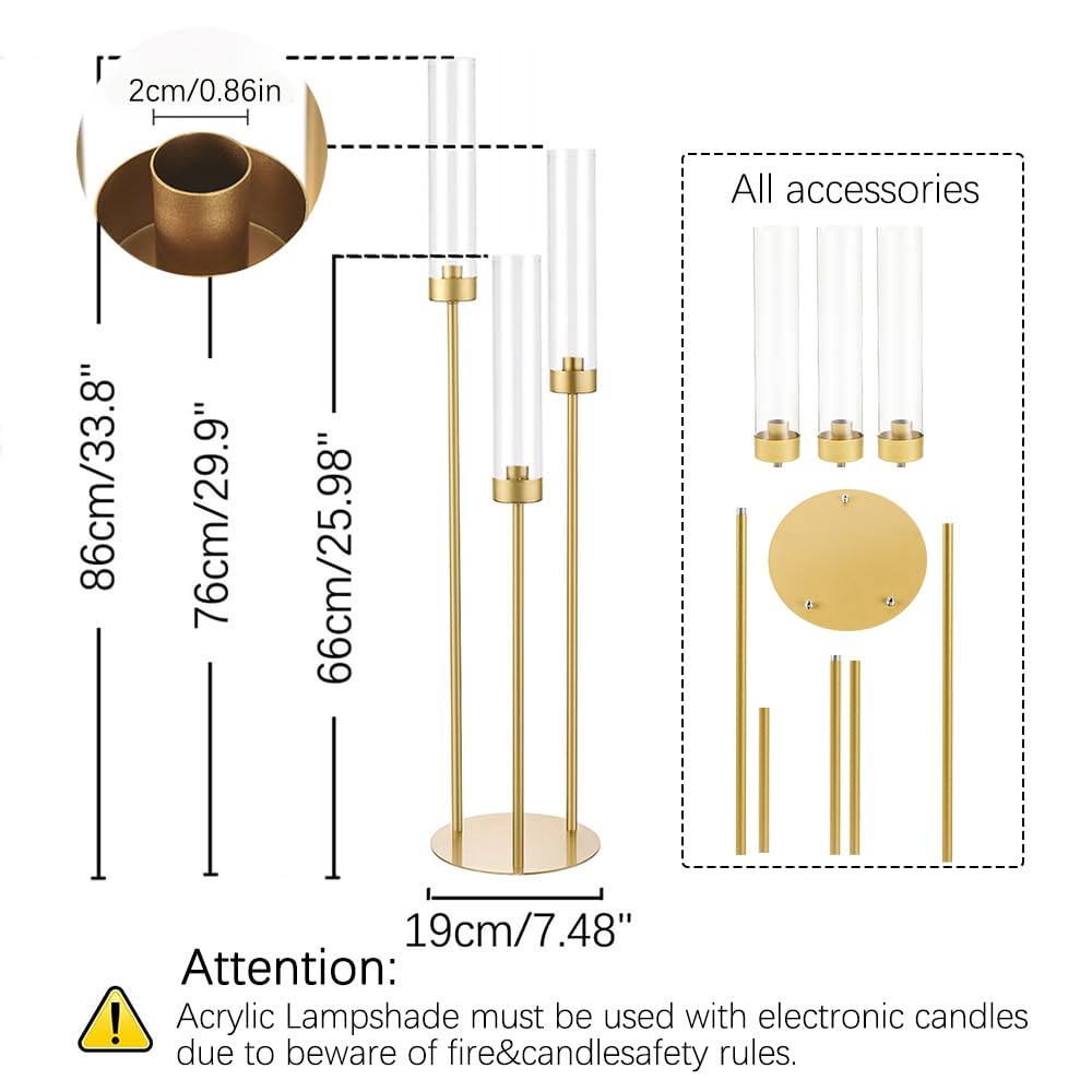 Vincidern 20pcs Gold Candelabra with Acrylic Lampshade, 3 Arm Taper Candle Holder, 33.8 in Tall Metal Candlestick for Table Centerpieces, Halloween, Christmas, Wedding Decor